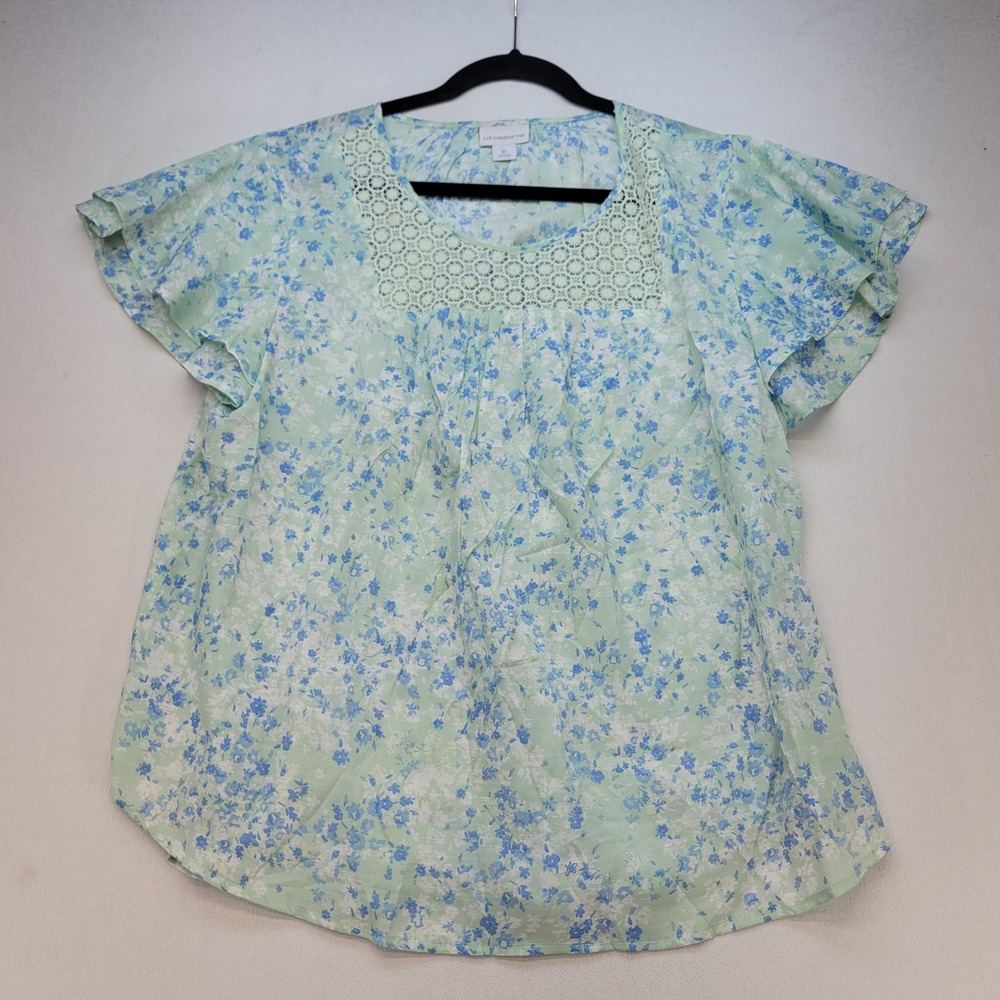 Liz Claiborne Blouse Womens XL Green Blue Floral Crochet Yoke Flutter Sleeve